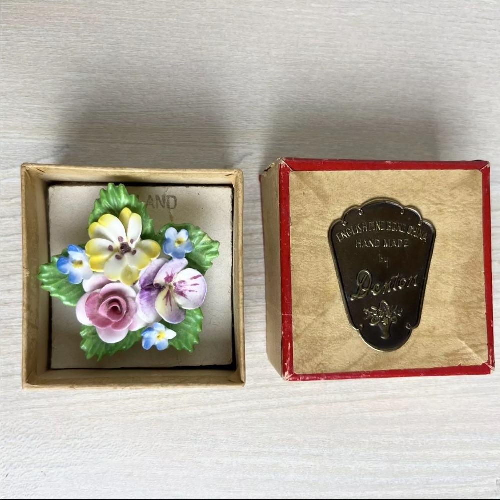 Vintage Denton Floral Brooch Signed 1950s MCM English Fine Bone With Box